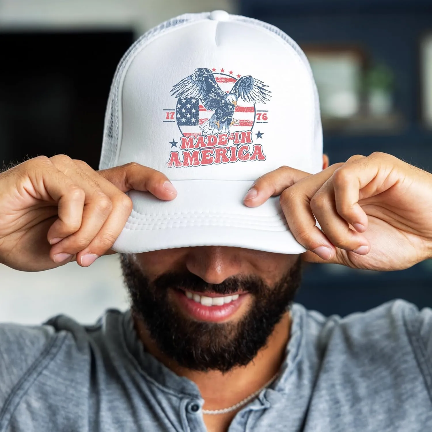 1776 Made in America Patriotic Eagle Hat Classic 5 Panel Foam Front Mesh Snap Back Trucker Hat