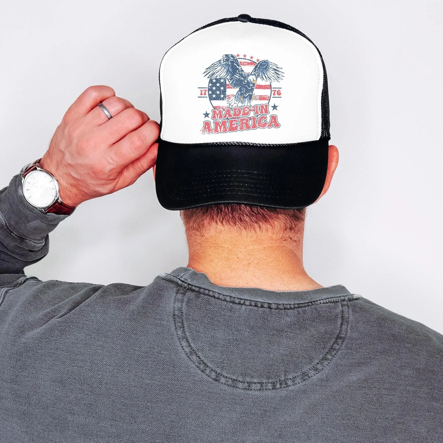 1776 Made in America Patriotic Eagle Hat Classic 5 Panel Foam Front Mesh Snap Back Trucker Hat