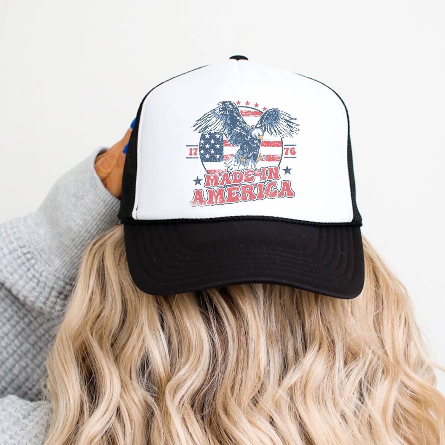1776 Made in America Patriotic Eagle Hat Classic 5 Panel Foam Front Mesh Snap Back Trucker Hat