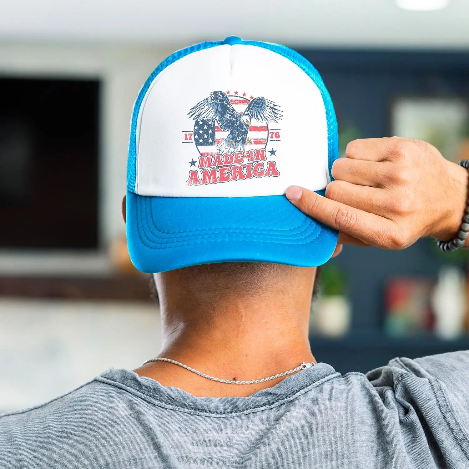 1776 Made in America Patriotic Eagle Hat Classic 5 Panel Foam Front Mesh Snap Back Trucker Hat