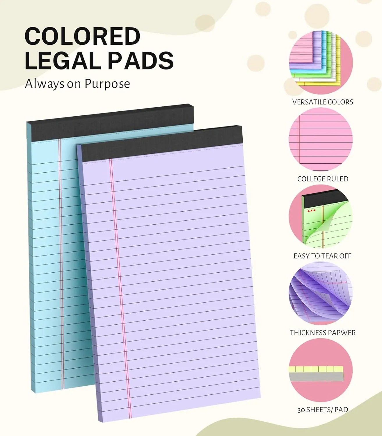 24 Pack Note Pads 5x8, Narrow Ruled Legal Pad, Multicolor Small Notepads, 30 Sheet/Notepad, Colored Legal Pads, Pink Legal Pad, Purple Notepad, Perforated Lined Note Pads for College, Office, Home