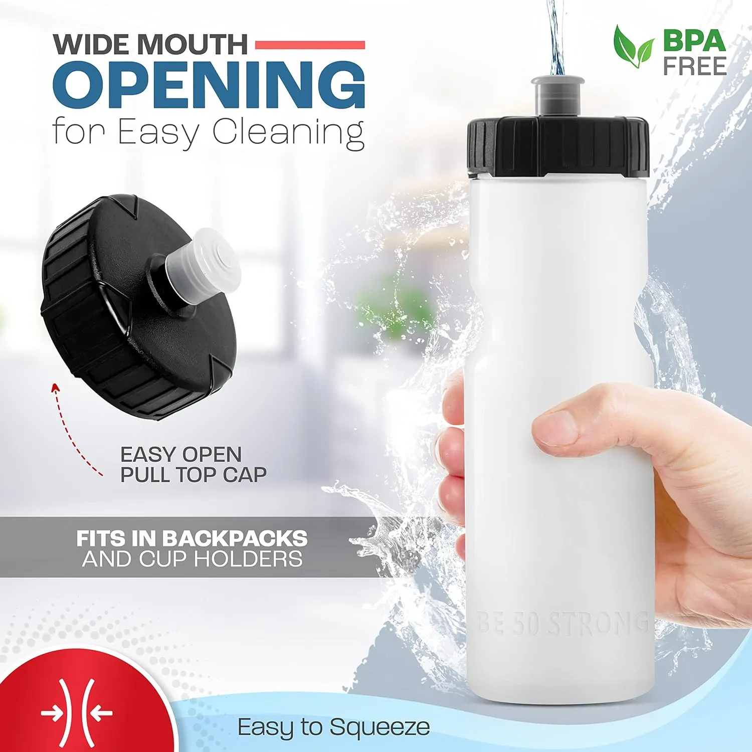 50 Strong Sports Water Bottles  Reusable 22 oz BPA-Free Plastic Bottles with Pull Top Cap  Made in USA  Top Rack Dishwasher Safe  Fits Most Bike Cages Brand