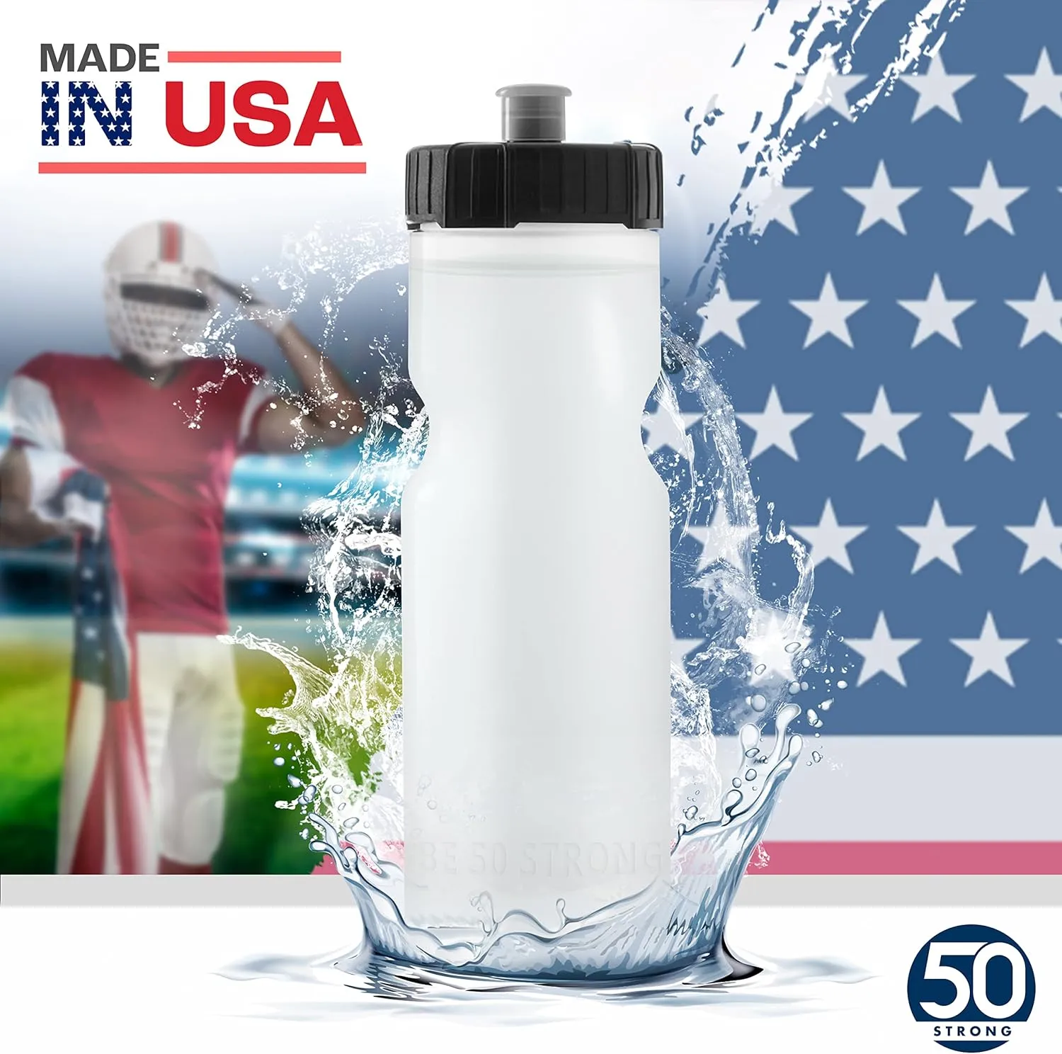 50 Strong Sports Water Bottles  Reusable 22 oz BPA-Free Plastic Bottles with Pull Top Cap  Made in USA  Top Rack Dishwasher Safe  Fits Most Bike Cages Brand