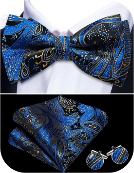 Barry.Wang Paisley Striped Bow Tie for Men Silk Pre-Tied Bowtie Pocket Square Cufflinks Set Formal Wedding Party Prom