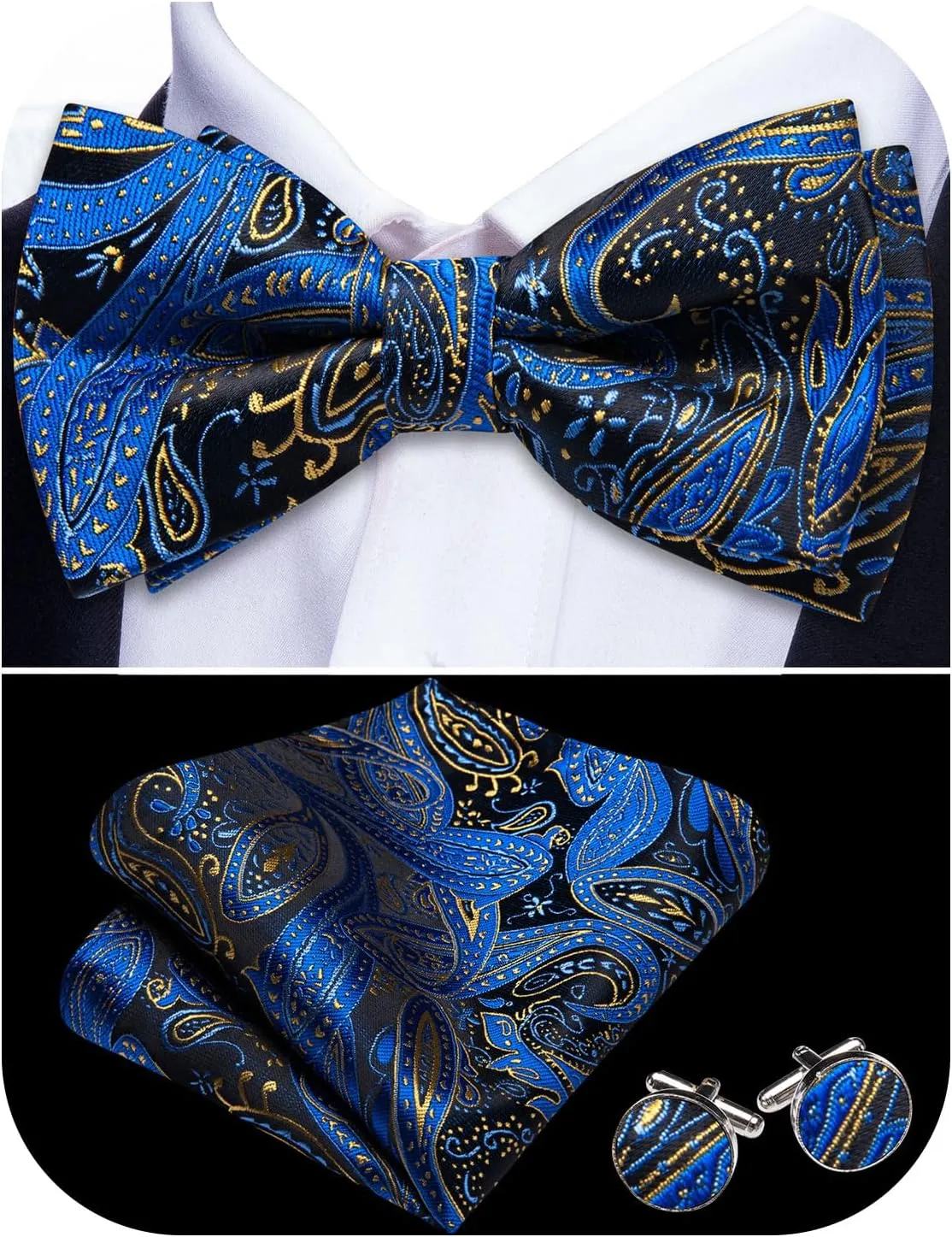 Barry.Wang Paisley Striped Bow Tie for Men Silk Pre-Tied Bowtie Pocket Square Cufflinks Set Formal Wedding Party Prom