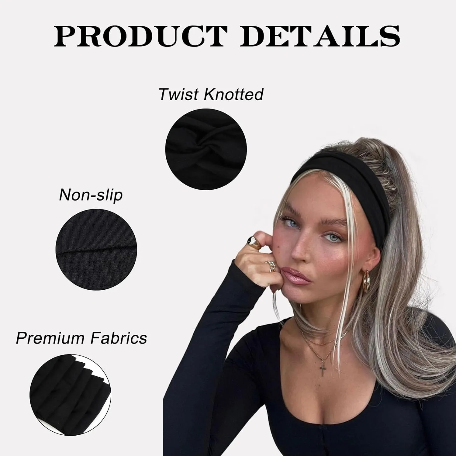 Black Turban Headbands for Women Wide Head Wraps Knotted Elastic Teen Girls Yoga Workout Solid Color Hair Accessories, 6 Pack