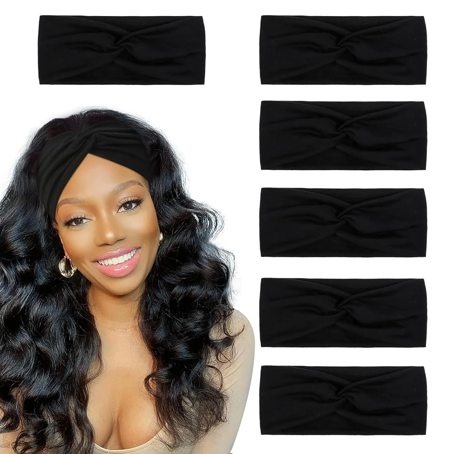 Black Turban Headbands for Women Wide Head Wraps Knotted Elastic Teen Girls Yoga Workout Solid Color Hair Accessories, 6 Pack