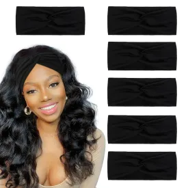 Black Turban Headbands for Women Wide Head Wraps Knotted Elastic Teen Girls Yoga Workout Solid Color Hair Accessories, 6 Pack