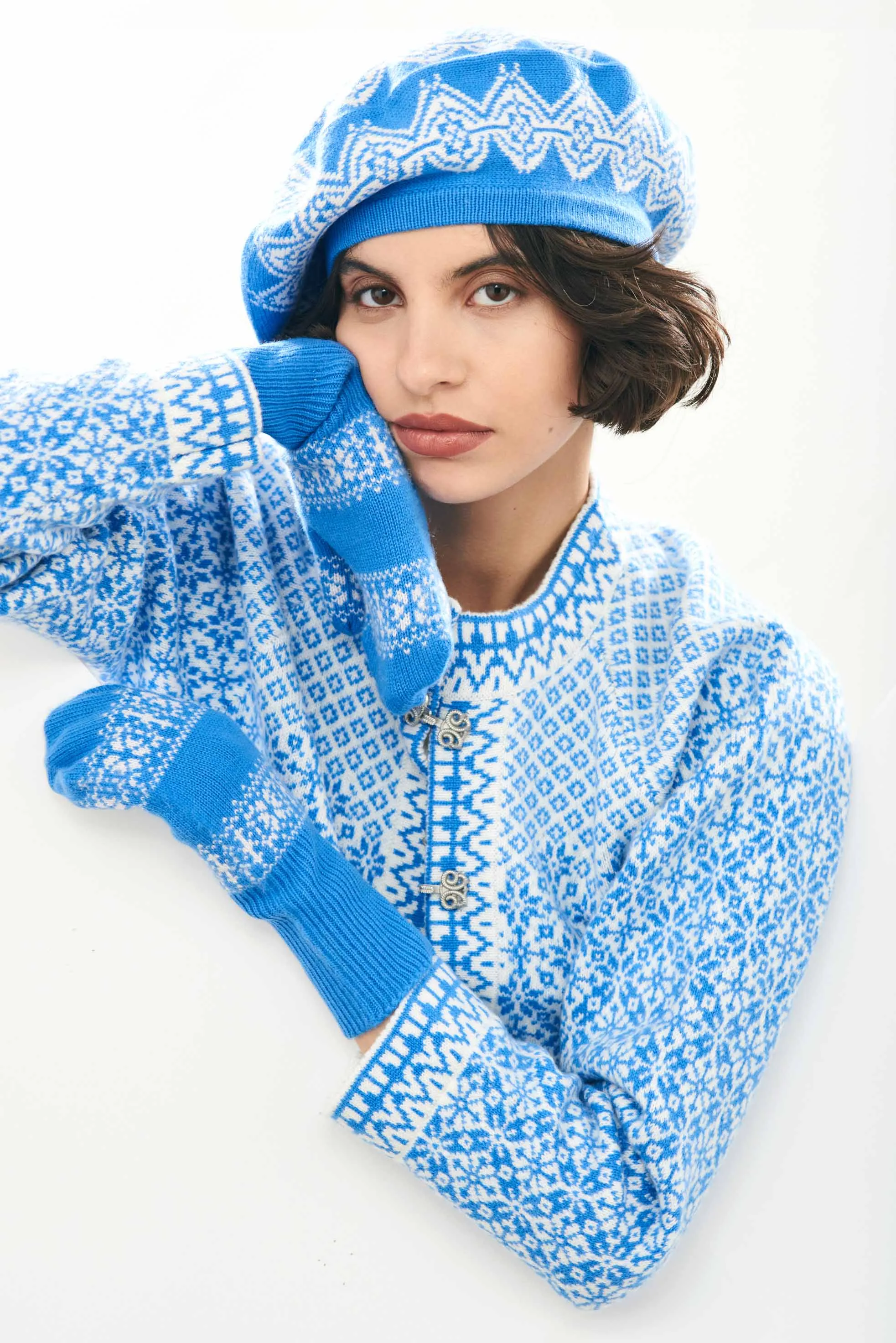 Cashmere Wool Norse Beret in Sky and Cream