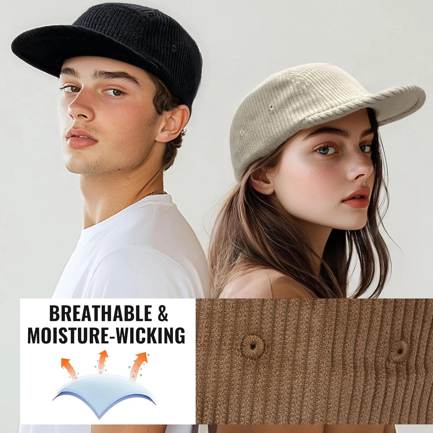 CLAPE Snapback 5 Panel Baseball Cap, Corduroy Breathable Flat Brim Trucker Hat Adjustable Unstructured Dad Hat Ball Caps