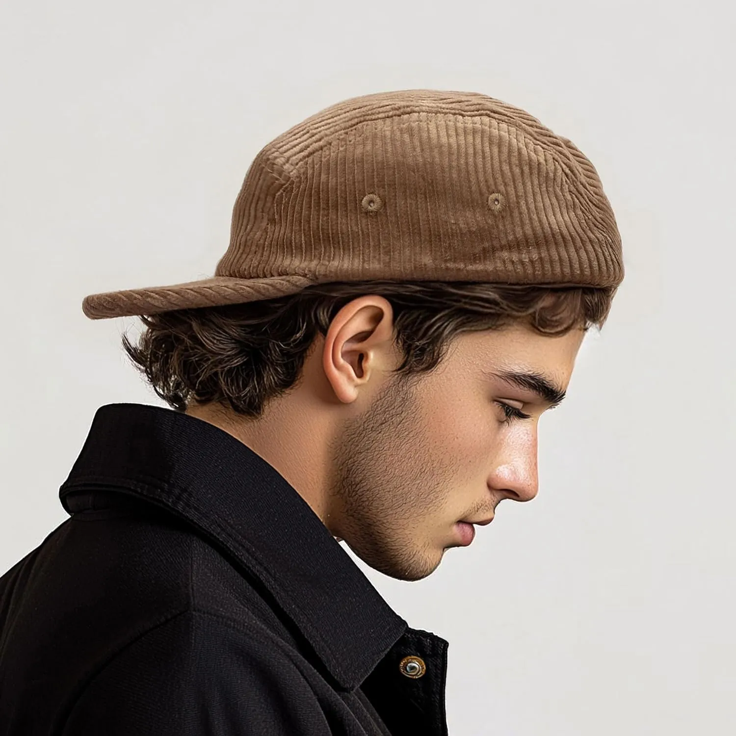 CLAPE Snapback 5 Panel Baseball Cap, Corduroy Breathable Flat Brim Trucker Hat Adjustable Unstructured Dad Hat Ball Caps