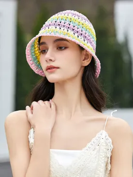 Contrast Color Hollow Short Brim Woven Sun-Protection Hats&Caps Fisherman Hat