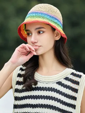 Contrast Color Short Brim Striped Woven Sun-Protection Hats&Caps Fisherman Hat