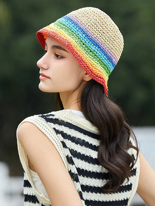 Contrast Color Short Brim Striped Woven Sun-Protection Hats&Caps Fisherman Hat
