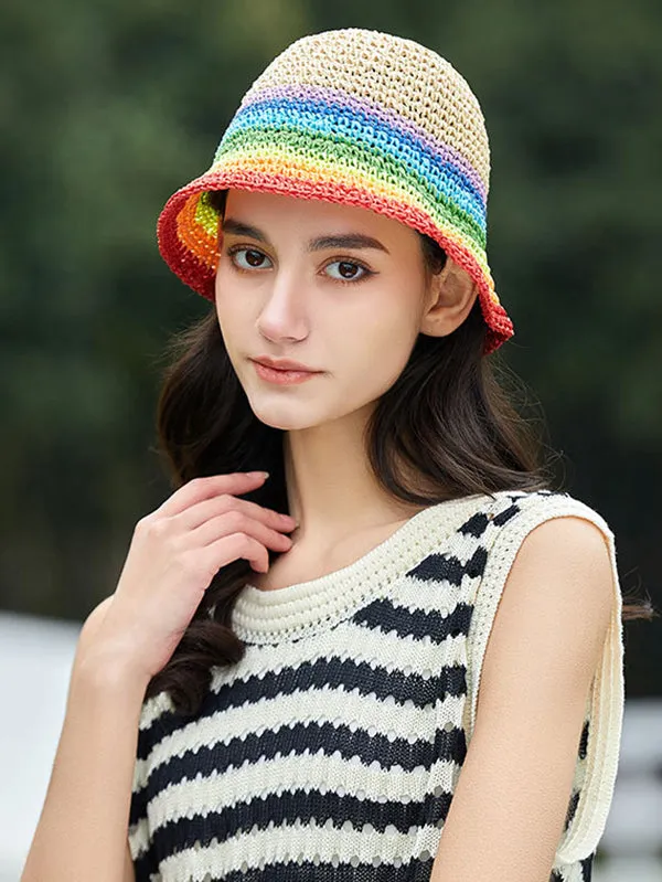 Contrast Color Short Brim Striped Woven Sun-Protection Hats&Caps Fisherman Hat