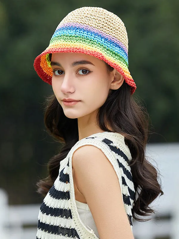 Contrast Color Short Brim Striped Woven Sun-Protection Hats&Caps Fisherman Hat