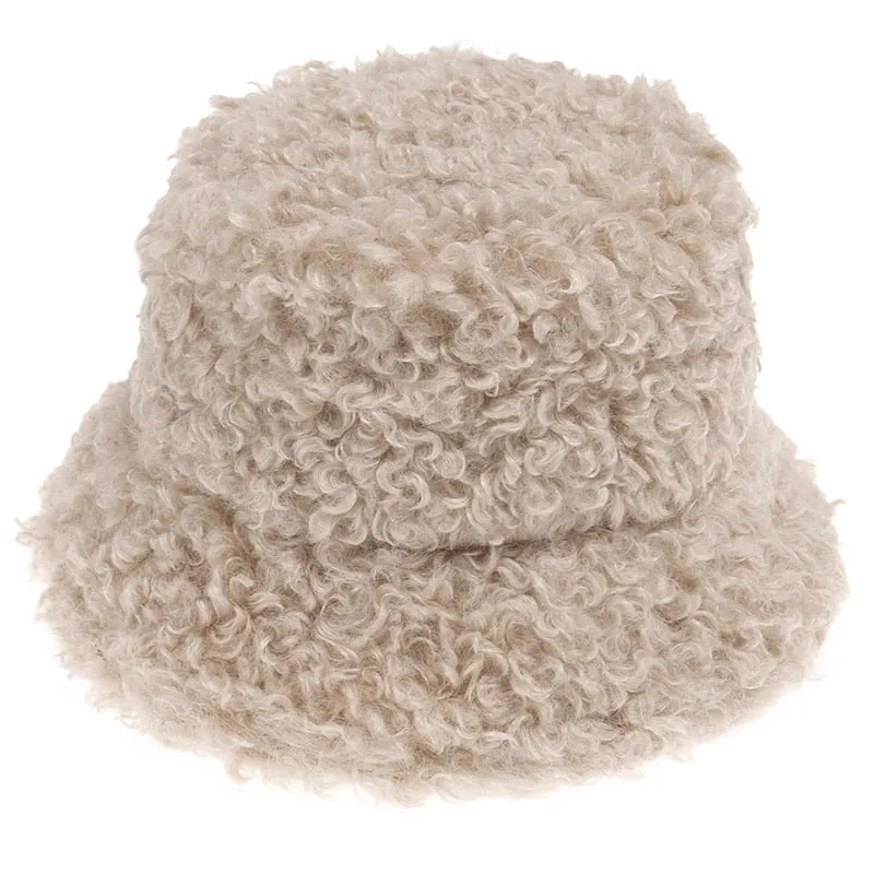 FOXMOTHER New Outdoor Warm Lamb Faux Fur Bucket Hat Black Solid Fluffy Fishing Cap Panama Bob Fisherman Gorros Women Winter 2022