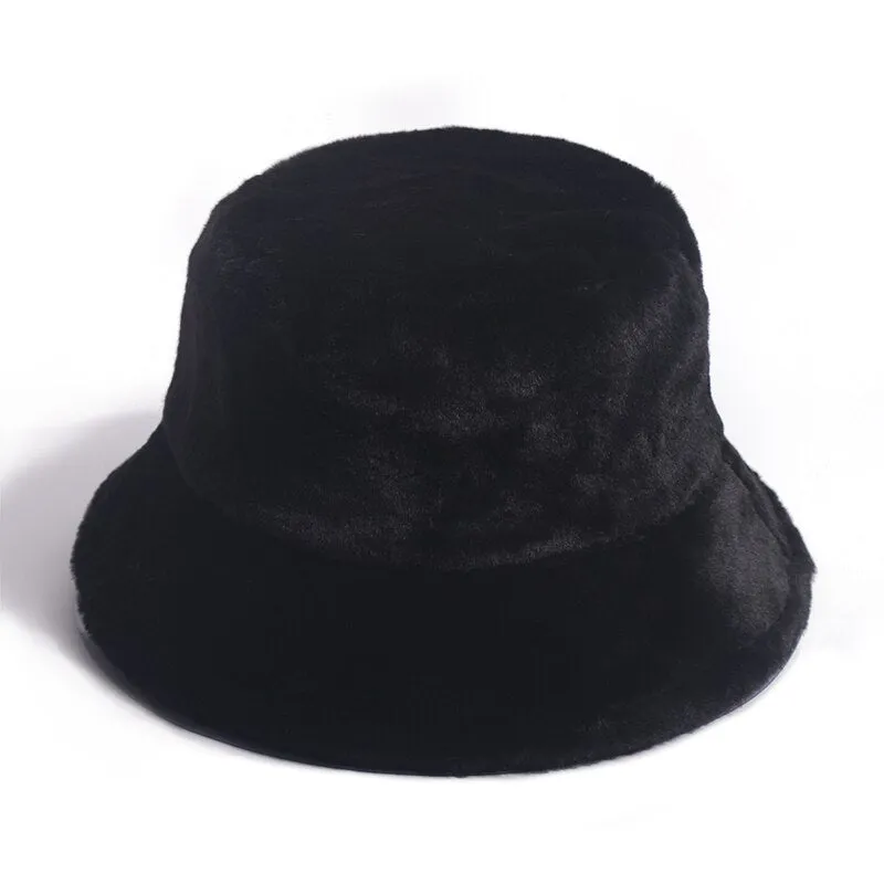 FOXMOTHER New Outdoor Warm Lamb Faux Fur Bucket Hat Black Solid Fluffy Fishing Cap Panama Bob Fisherman Gorros Women Winter 2022