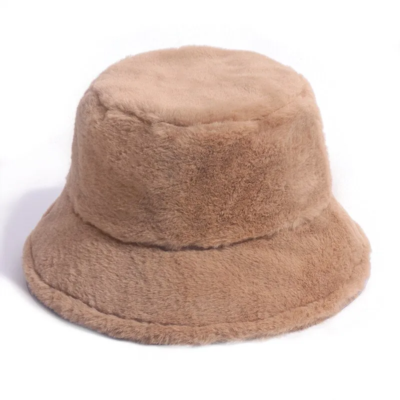 FOXMOTHER New Outdoor Warm Lamb Faux Fur Bucket Hat Black Solid Fluffy Fishing Cap Panama Bob Fisherman Gorros Women Winter 2022