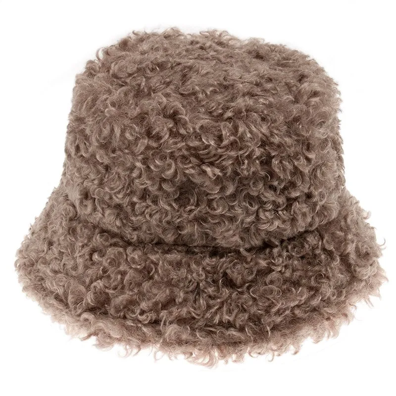 FOXMOTHER New Outdoor Warm Lamb Faux Fur Bucket Hat Black Solid Fluffy Fishing Cap Panama Bob Fisherman Gorros Women Winter 2022