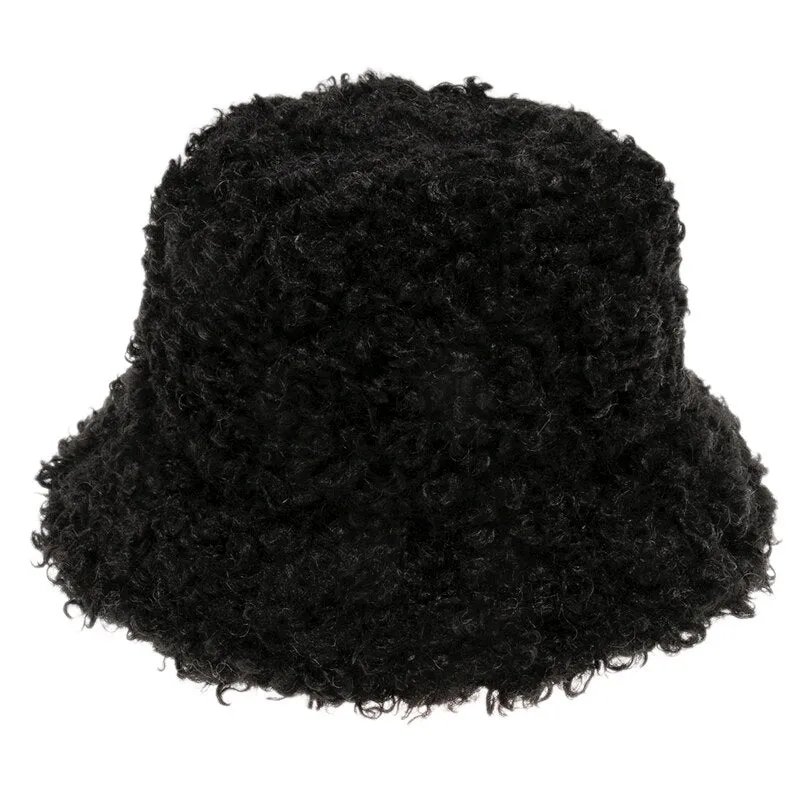 FOXMOTHER New Outdoor Warm Lamb Faux Fur Bucket Hat Black Solid Fluffy Fishing Cap Panama Bob Fisherman Gorros Women Winter 2022