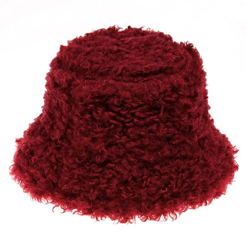 FOXMOTHER New Outdoor Warm Lamb Faux Fur Bucket Hat Black Solid Fluffy Fishing Cap Panama Bob Fisherman Gorros Women Winter 2022
