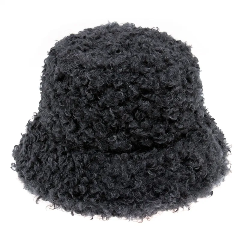 FOXMOTHER New Outdoor Warm Lamb Faux Fur Bucket Hat Black Solid Fluffy Fishing Cap Panama Bob Fisherman Gorros Women Winter 2022