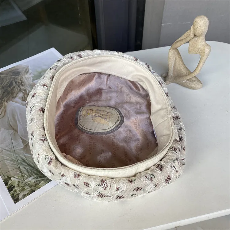 Lace flower embroidery beret spring and autumn careful machine lining ladies sweet pumpkin hat face painter hat