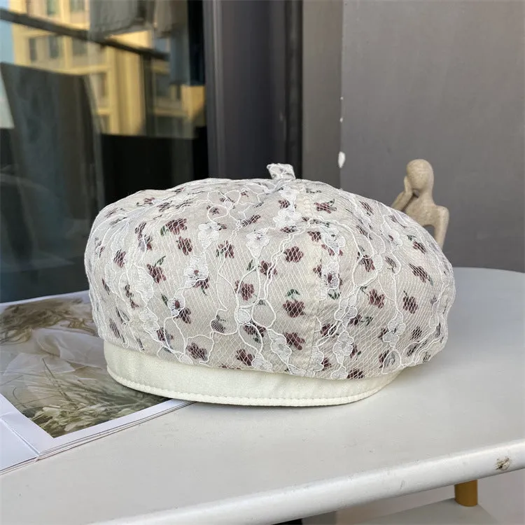 Lace flower embroidery beret spring and autumn careful machine lining ladies sweet pumpkin hat face painter hat