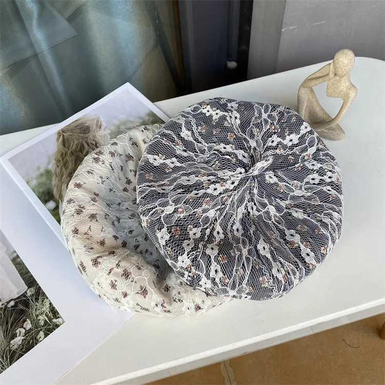 Lace flower embroidery beret spring and autumn careful machine lining ladies sweet pumpkin hat face painter hat
