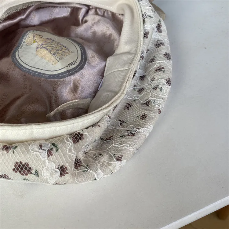 Lace flower embroidery beret spring and autumn careful machine lining ladies sweet pumpkin hat face painter hat
