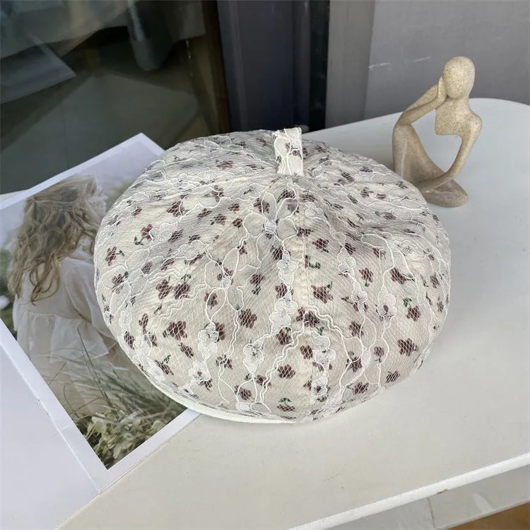 Lace flower embroidery beret spring and autumn careful machine lining ladies sweet pumpkin hat face painter hat