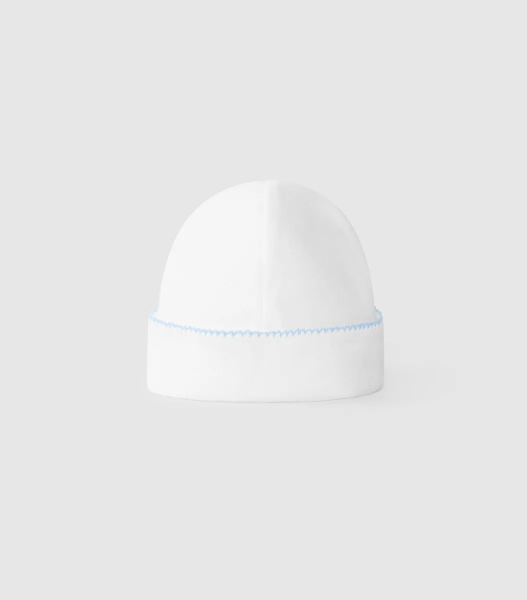 Laranjinha Baby Boys White & Blue Trim Cotton Hat