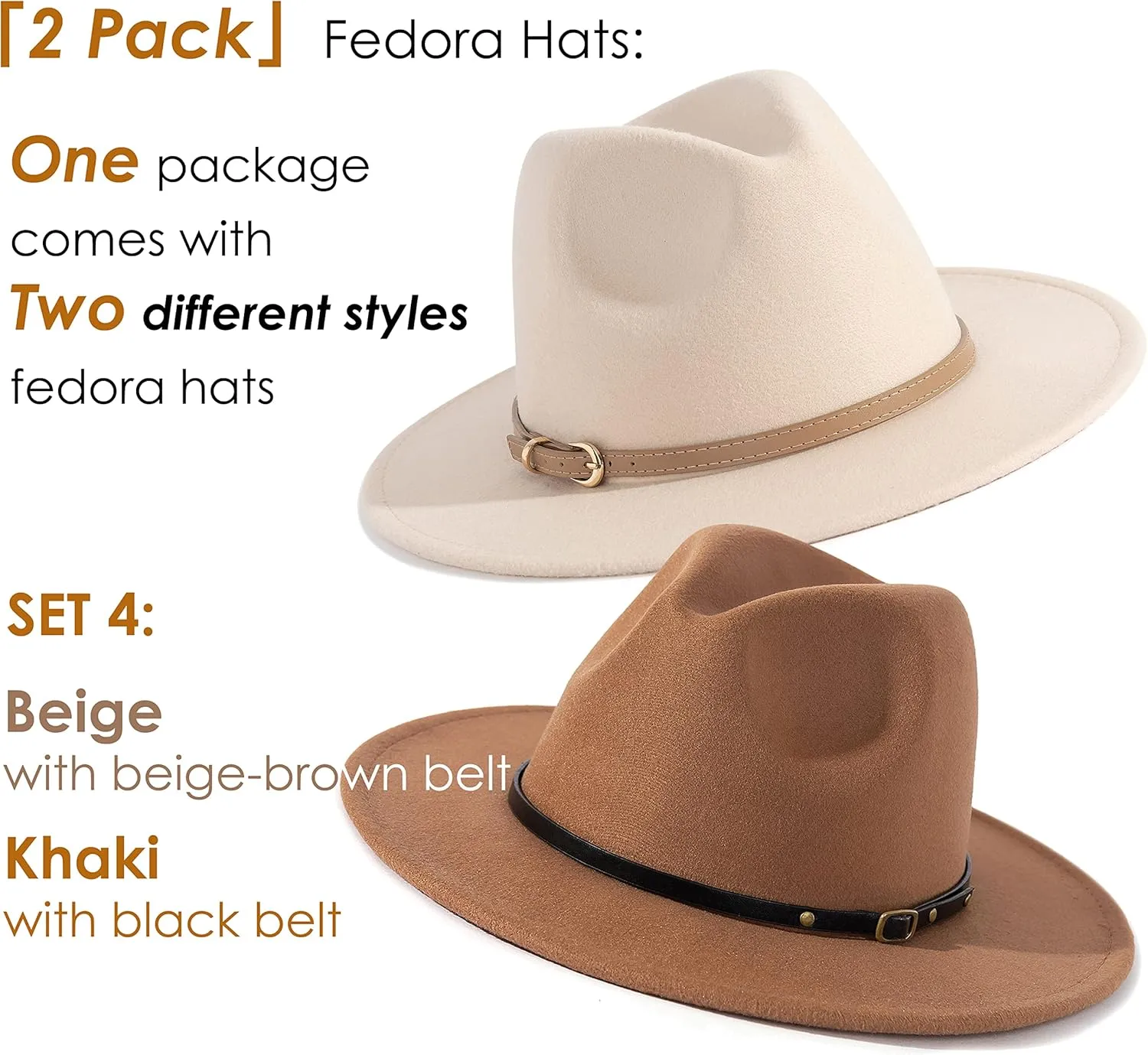 Lisianthus 2 Pack Women & Men Classic Wide Brim Belt Buckle Fedora Hat