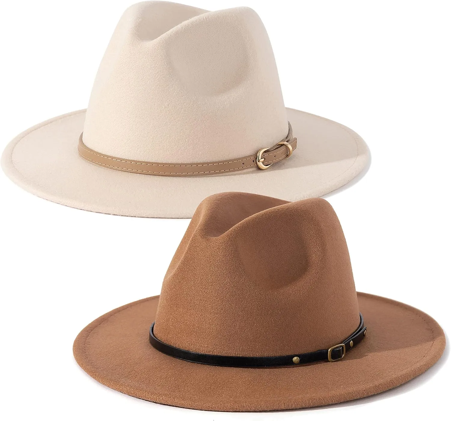 Lisianthus 2 Pack Women & Men Classic Wide Brim Belt Buckle Fedora Hat