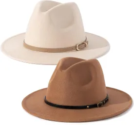 Lisianthus 2 Pack Women & Men Classic Wide Brim Belt Buckle Fedora Hat