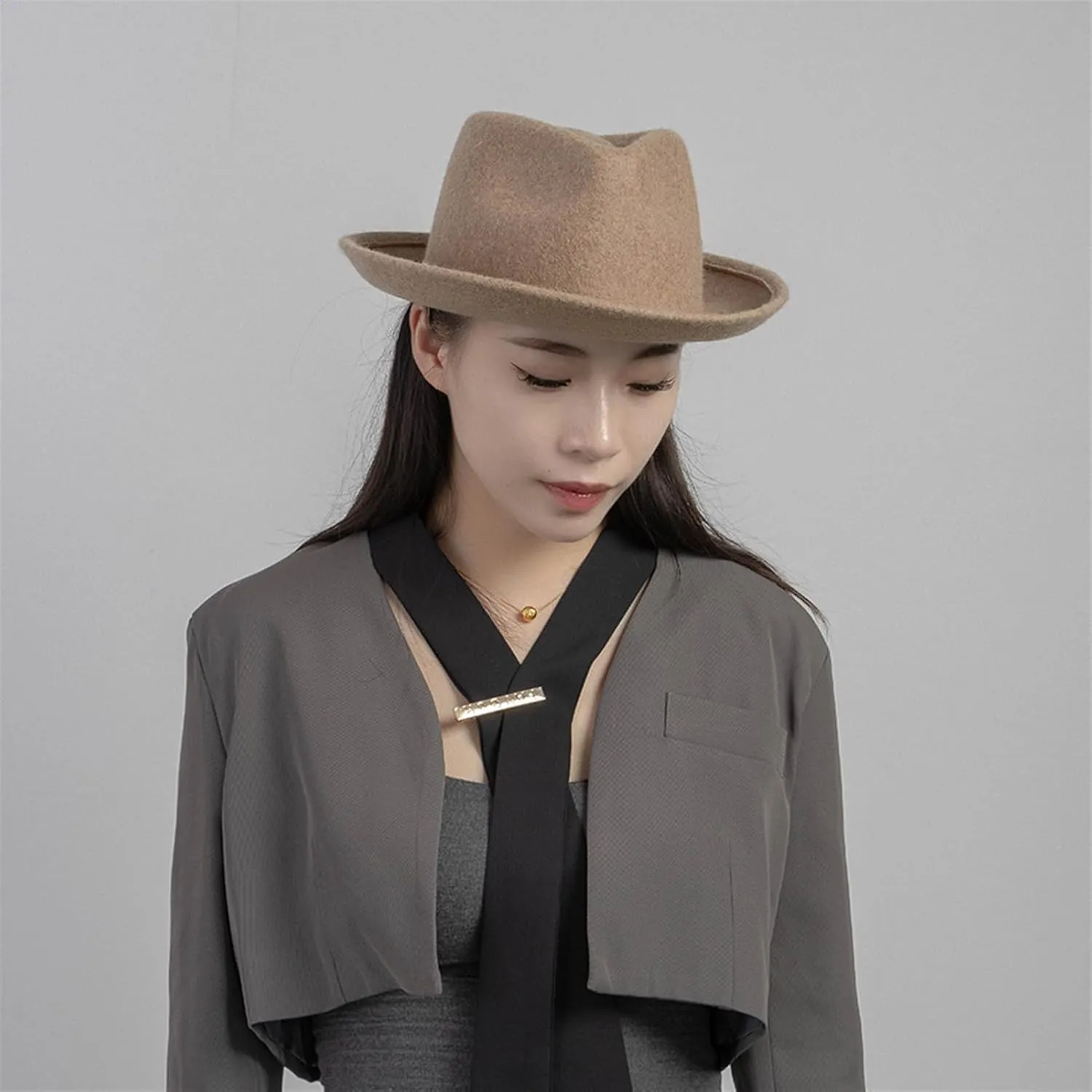 Men Women Fedora Hat Vintage Rolled Short Brim Wool Panama Hat Trilby Cap