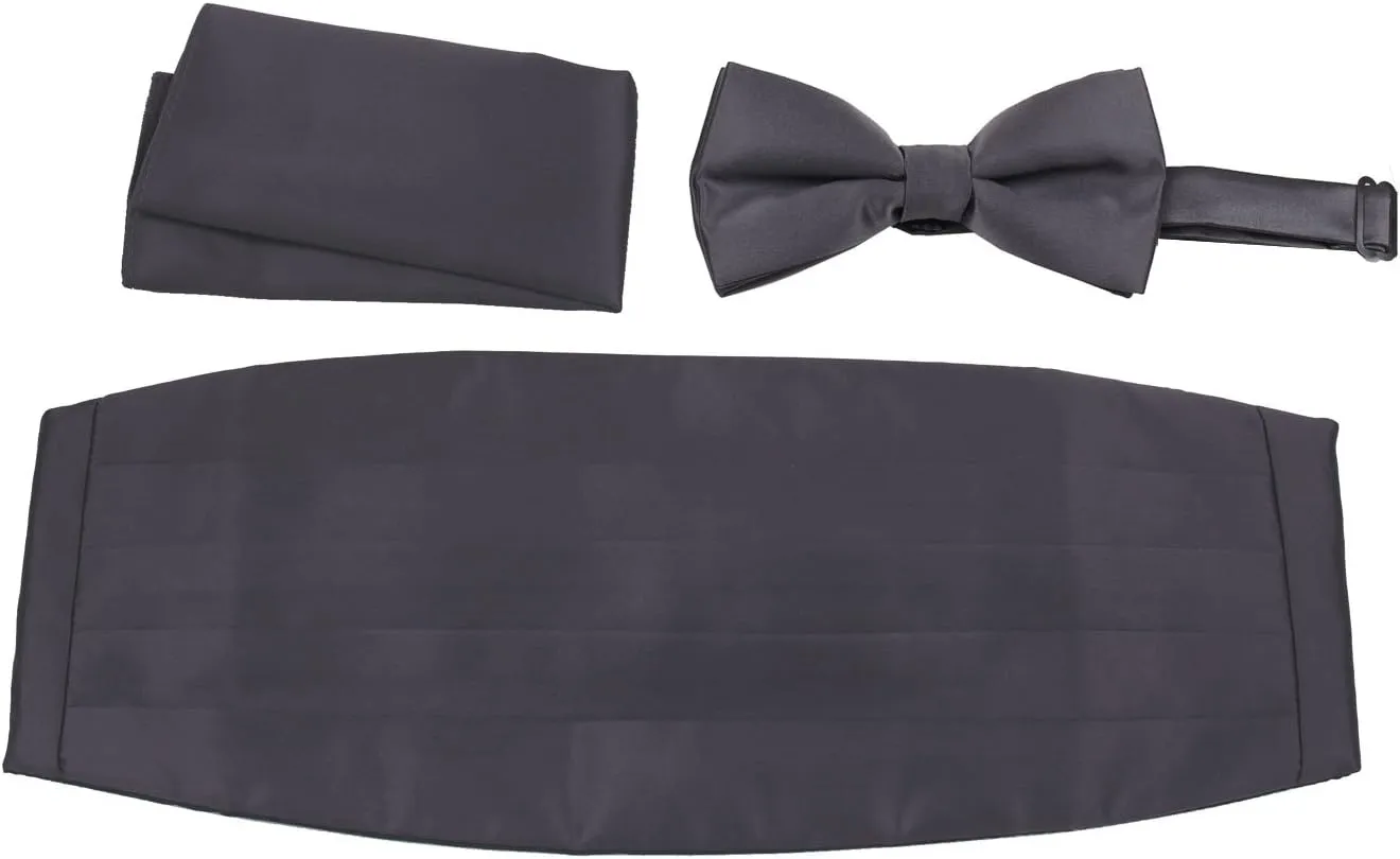 Mens Formal Woven Satin Cummerbund Pre-Tied Bowtie Hanky set
