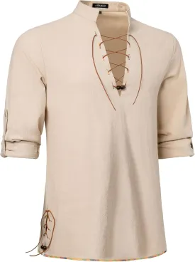 Men's Long Sleeve Shirts Retro Style Lace up for Medieval,Viking,Hippie Halloween Cosplay Pirate Renaissance Costume