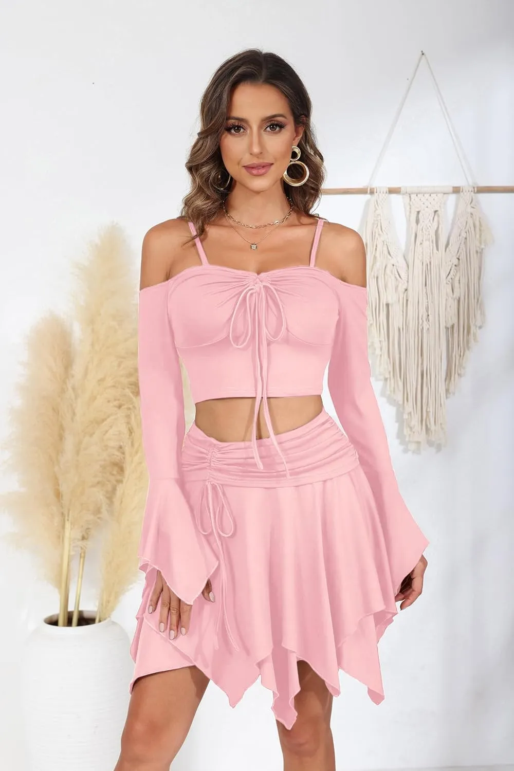 Ophestin Womens Y2K Fairy Dress Off Shoulder Handkerchief 2 Piece Skirts Set Fairycore Halloween Dress