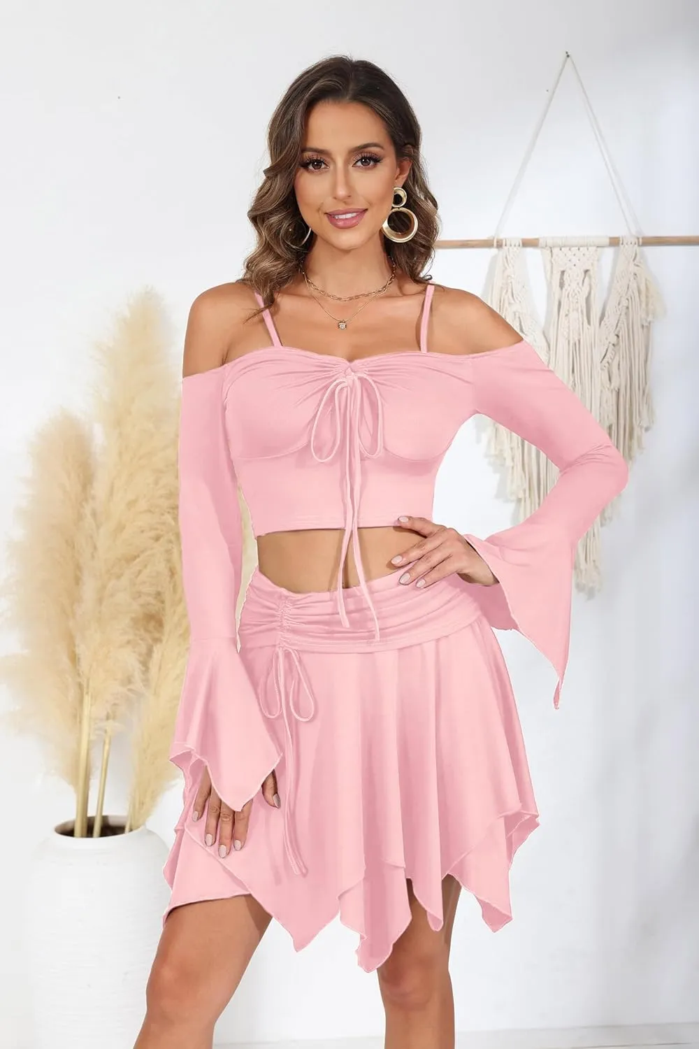 Ophestin Womens Y2K Fairy Dress Off Shoulder Handkerchief 2 Piece Skirts Set Fairycore Halloween Dress
