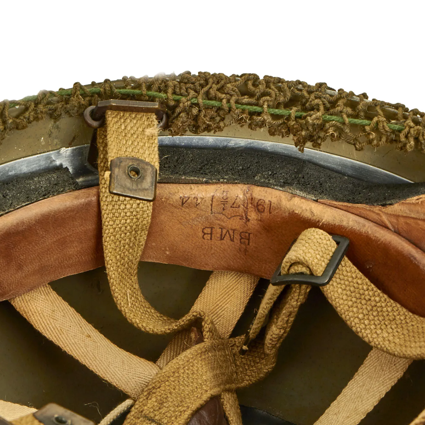 Original WWII British MKII Airborne Paratrooper Helmet by BMB with Net and Scrim - Dated 1944