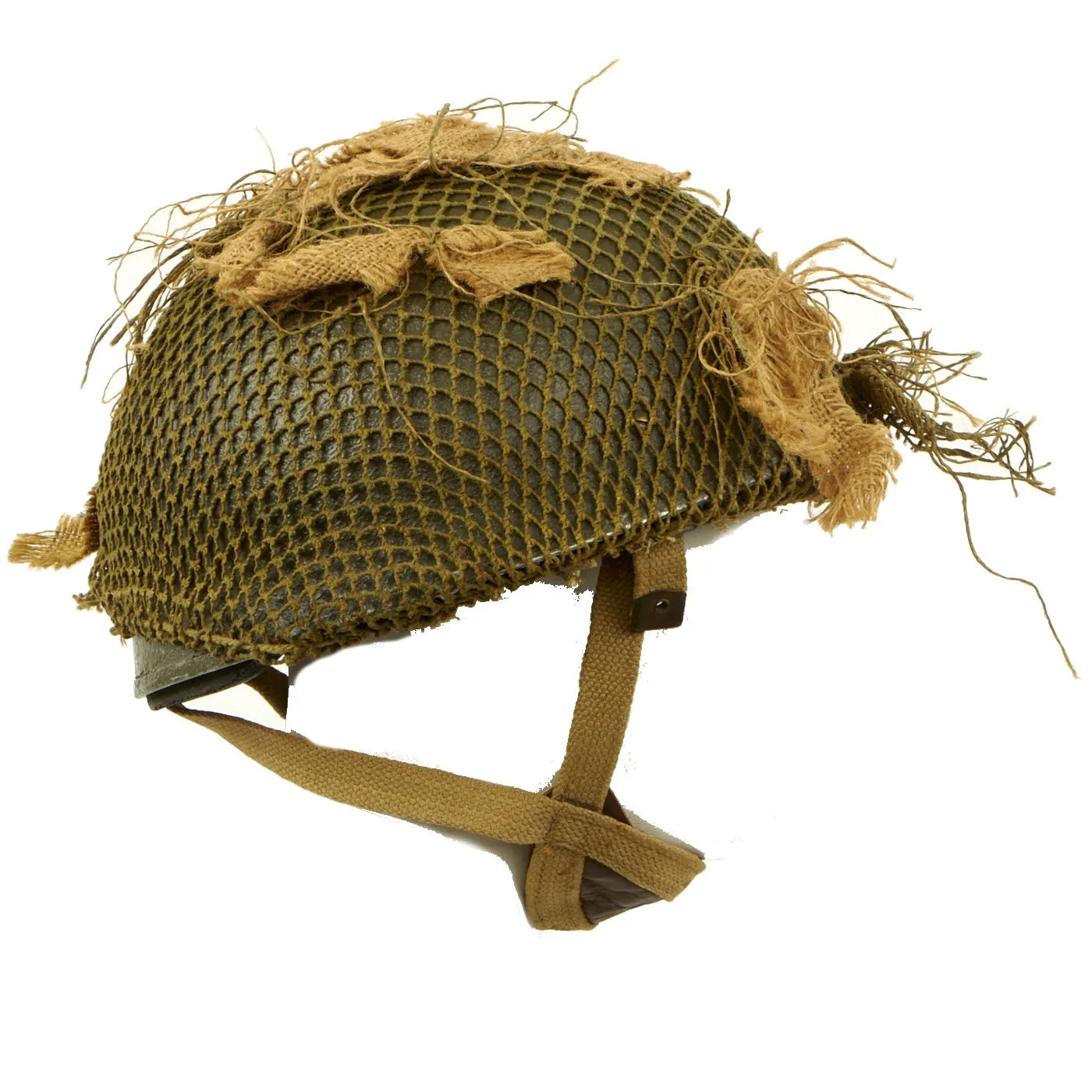 Original WWII British MKII Named Paratrooper Helmet with Net and Scrim - Dated 1944