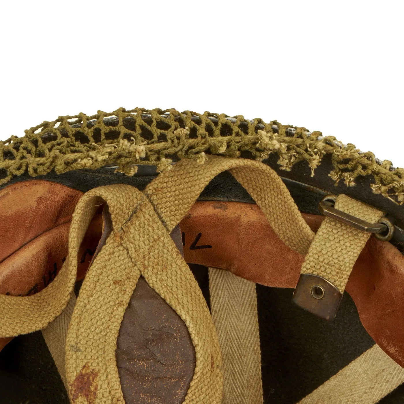 Original WWII British MKII Named Paratrooper Helmet with Net and Scrim - Dated 1944