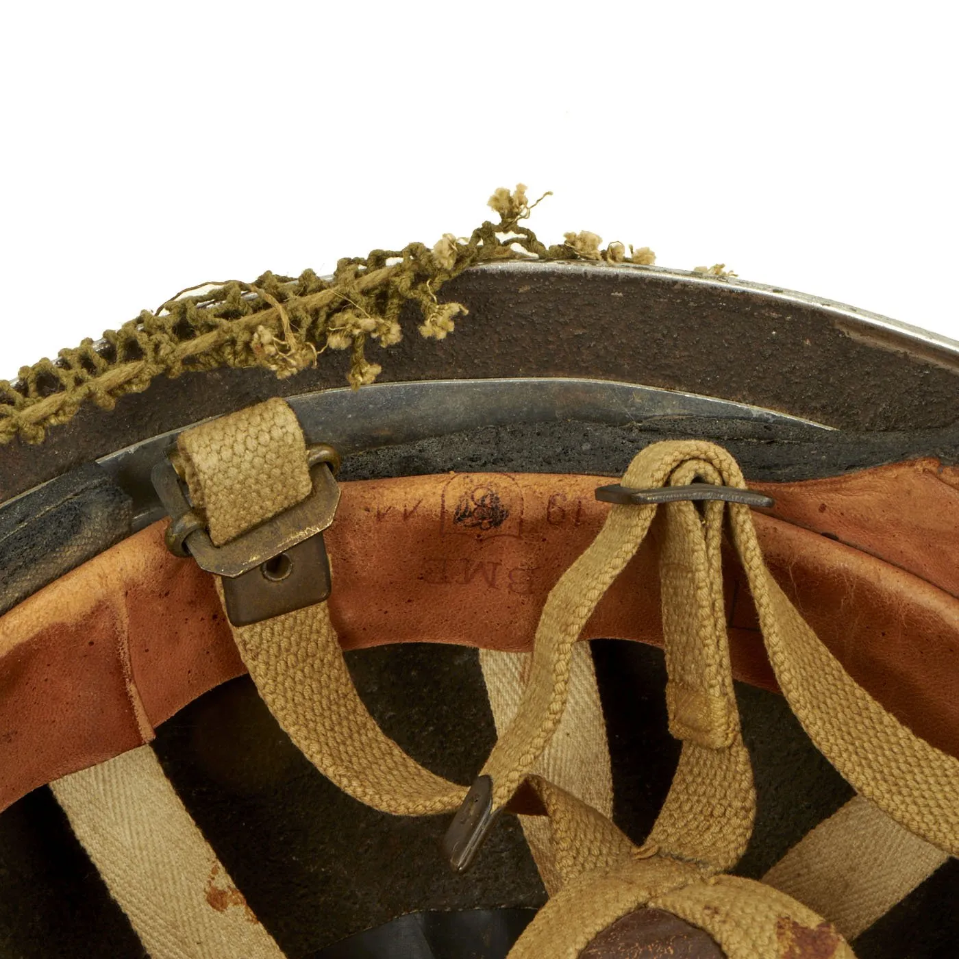 Original WWII British MKII Named Paratrooper Helmet with Net and Scrim - Dated 1944