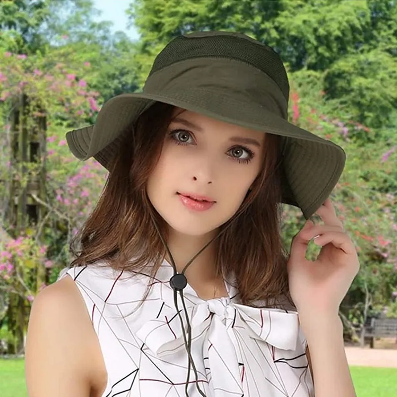 Outdoor Unisex Sunscreen Wide Brim Fisherman Hat with Wind Lanyard
