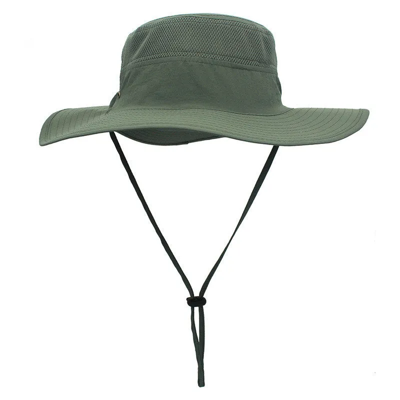 Outdoor Unisex Sunscreen Wide Brim Fisherman Hat with Wind Lanyard