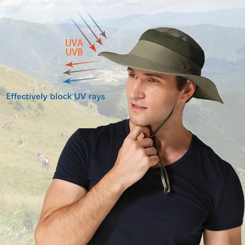 Outdoor Unisex Sunscreen Wide Brim Fisherman Hat with Wind Lanyard