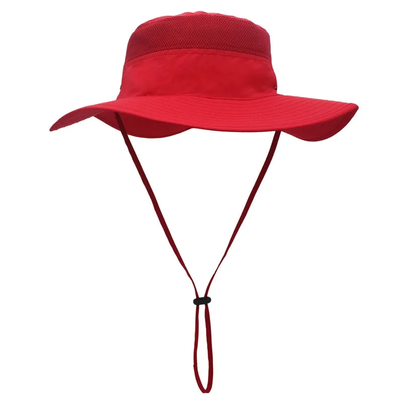 Outdoor Unisex Sunscreen Wide Brim Fisherman Hat with Wind Lanyard