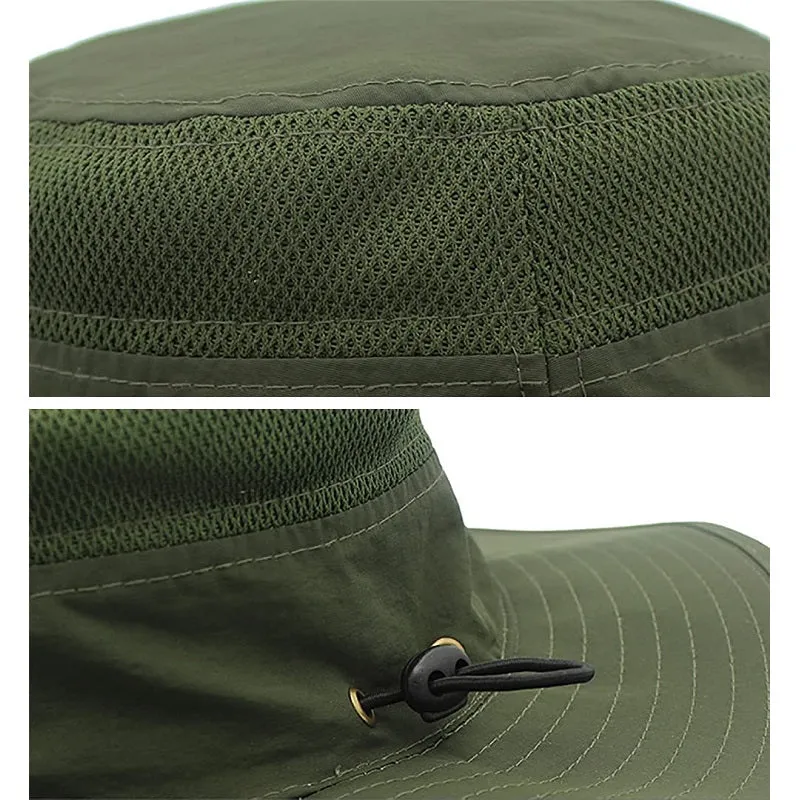 Outdoor Unisex Sunscreen Wide Brim Fisherman Hat with Wind Lanyard